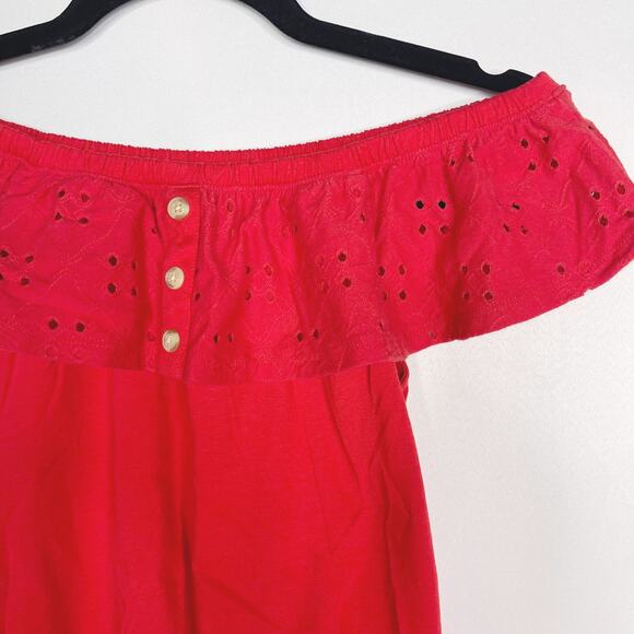 Abercrombie Kids Girls 13/ 14 Red Eyelet Off The Shoulder Tee Button Cotton - Picture 3 of 7